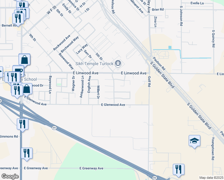 map of restaurants, bars, coffee shops, grocery stores, and more near 1185 Stone Court in Turlock