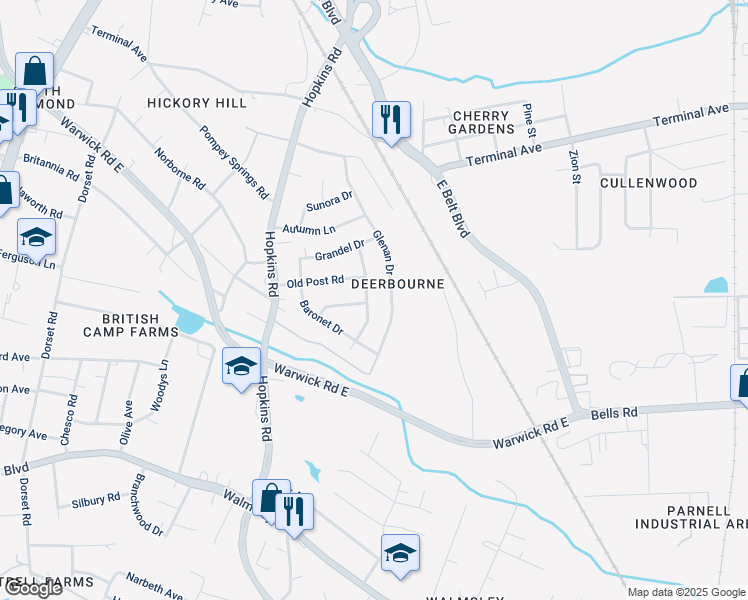 map of restaurants, bars, coffee shops, grocery stores, and more near 3019 Kelrae Drive in Richmond