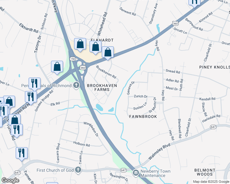 map of restaurants, bars, coffee shops, grocery stores, and more near 6337 Shadybrook Lane in Richmond