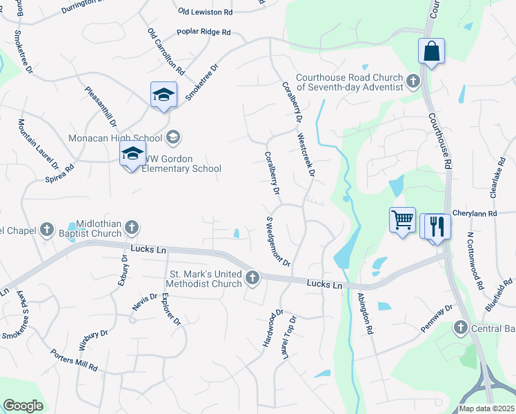 map of restaurants, bars, coffee shops, grocery stores, and more near 1002 Wedgemont Place in Richmond