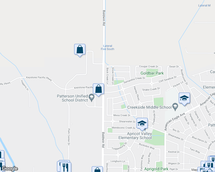 map of restaurants, bars, coffee shops, grocery stores, and more near Samantha Creek Drive & Beck Creek Lane in Patterson
