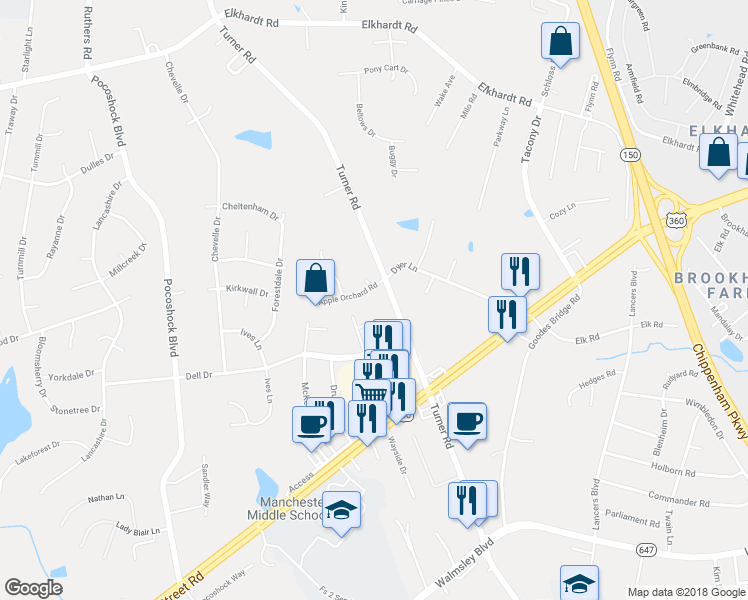 map of restaurants, bars, coffee shops, grocery stores, and more near 7103 Apple Orchard Road in Richmond