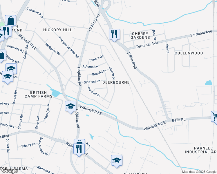 map of restaurants, bars, coffee shops, grocery stores, and more near 3019 Kelrae Drive in Richmond