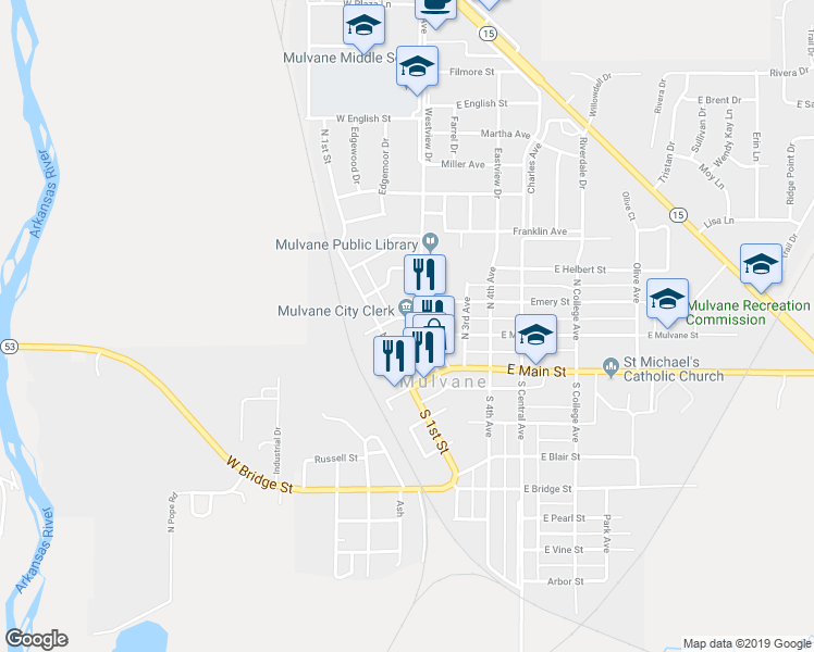 map of restaurants, bars, coffee shops, grocery stores, and more near 211 North 2nd Avenue in Mulvane