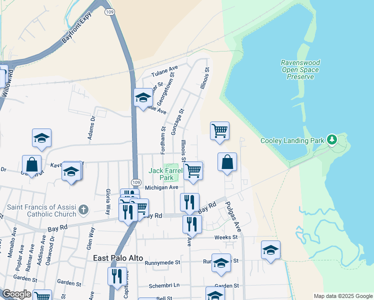 map of restaurants, bars, coffee shops, grocery stores, and more near 325 Demeter Street in East Palo Alto