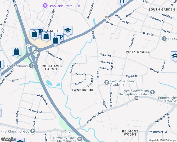 map of restaurants, bars, coffee shops, grocery stores, and more near 5914 Zurich Drive in Richmond