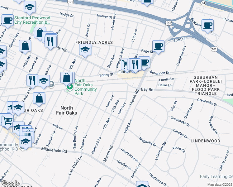 map of restaurants, bars, coffee shops, grocery stores, and more near 848 Fifteenth Avenue in Menlo Park