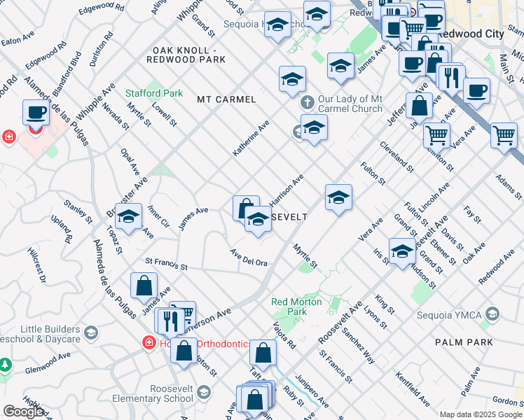 map of restaurants, bars, coffee shops, grocery stores, and more near 1134 Harrison Avenue in Redwood City