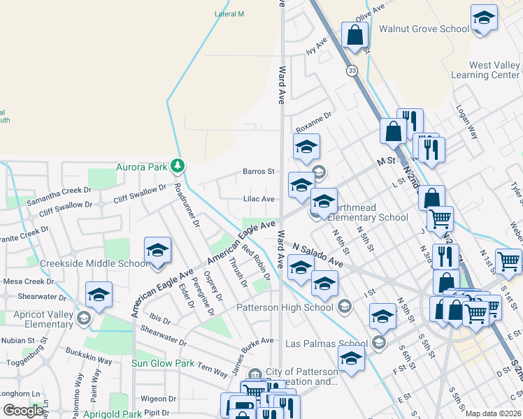 map of restaurants, bars, coffee shops, grocery stores, and more near 538 Wanzia Lane in Patterson