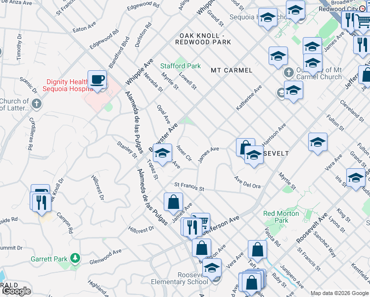 map of restaurants, bars, coffee shops, grocery stores, and more near 169 Inner Circle in Redwood City