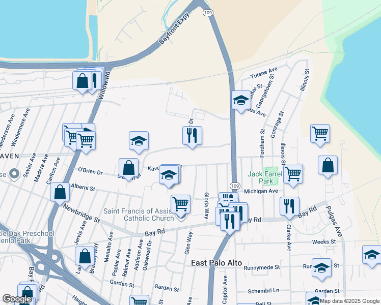 map of restaurants, bars, coffee shops, grocery stores, and more near 1430a O'Brien Drive in Menlo Park