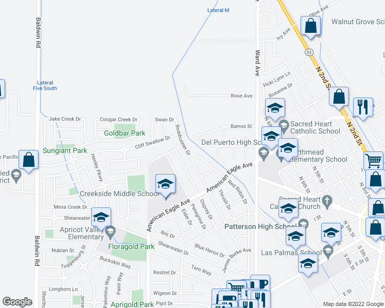 map of restaurants, bars, coffee shops, grocery stores, and more near 604 Roadrunner Drive in Patterson