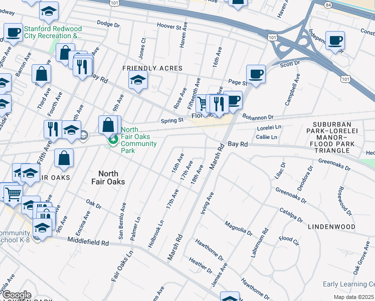 map of restaurants, bars, coffee shops, grocery stores, and more near 848 Fifteenth Avenue in Menlo Park