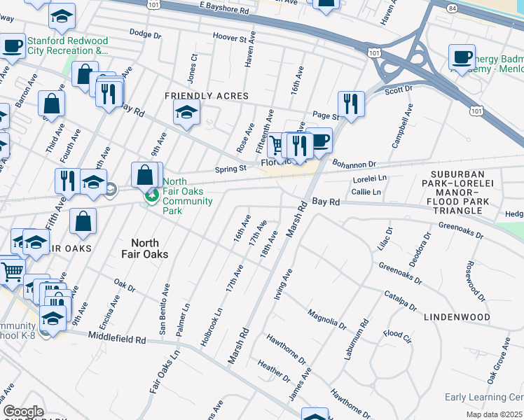 map of restaurants, bars, coffee shops, grocery stores, and more near 856 Fifteenth Avenue in Menlo Park