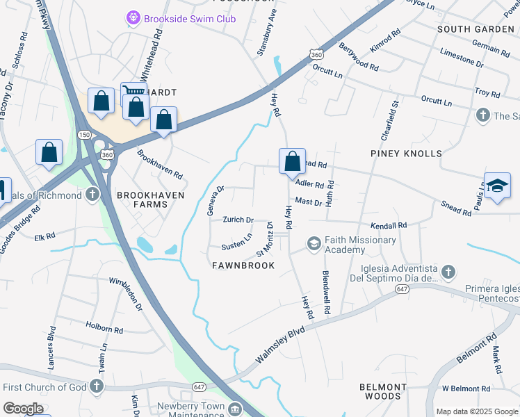 map of restaurants, bars, coffee shops, grocery stores, and more near 5914 Zurich Drive in Richmond