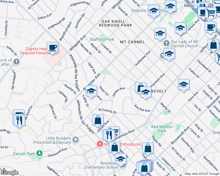 map of restaurants, bars, coffee shops, grocery stores, and more near 9 Inner Circle in Redwood City