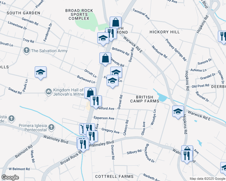 map of restaurants, bars, coffee shops, grocery stores, and more near 4615 Ferguson Lane in Richmond