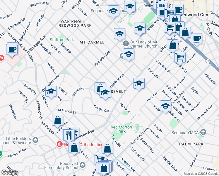 map of restaurants, bars, coffee shops, grocery stores, and more near 1134 Harrison Avenue in Redwood City