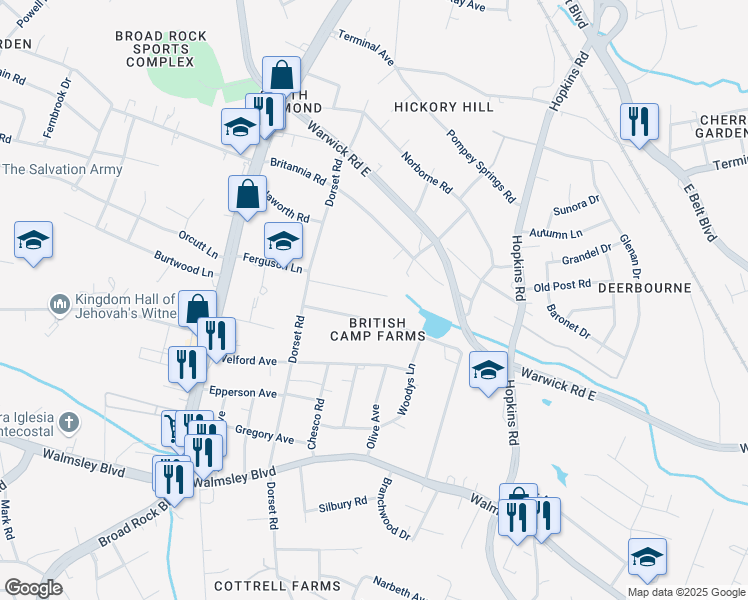 map of restaurants, bars, coffee shops, grocery stores, and more near 4219 Ferguson Lane in Richmond
