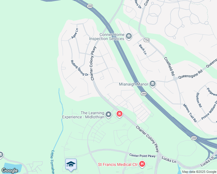 map of restaurants, bars, coffee shops, grocery stores, and more near 14325 Jeffries Place in Midlothian