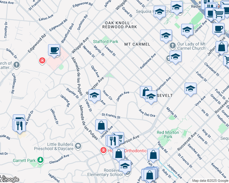 map of restaurants, bars, coffee shops, grocery stores, and more near 9 Inner Circle in Redwood City