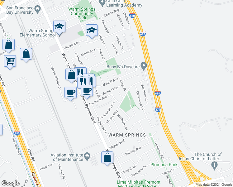 map of restaurants, bars, coffee shops, grocery stores, and more near 48035 Starlite Court in Fremont