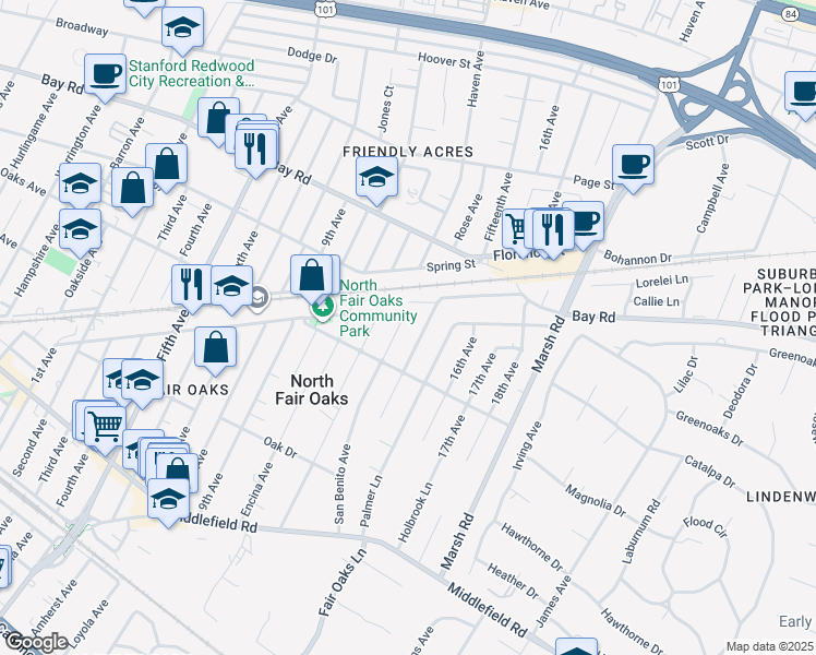 map of restaurants, bars, coffee shops, grocery stores, and more near 770 San Benito Avenue in Menlo Park