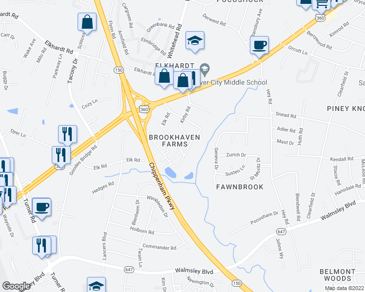 map of restaurants, bars, coffee shops, grocery stores, and more near 2261 Bywood Lane in Richmond