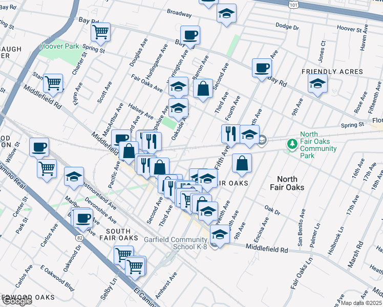 map of restaurants, bars, coffee shops, grocery stores, and more near 3071 Edison Way in Redwood City