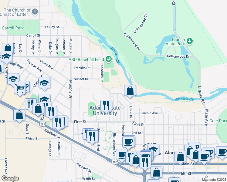 map of restaurants, bars, coffee shops, grocery stores, and more near 52 El Rio Drive in Alamosa