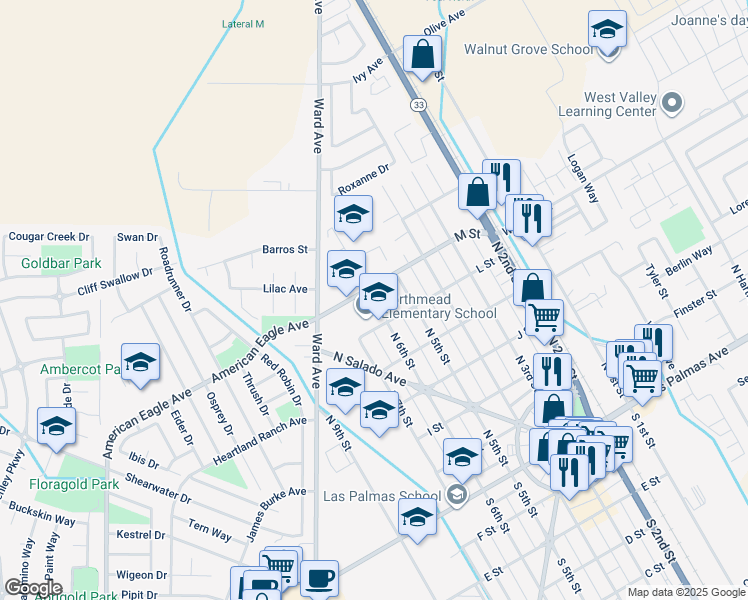 map of restaurants, bars, coffee shops, grocery stores, and more near 625 L Street in Patterson