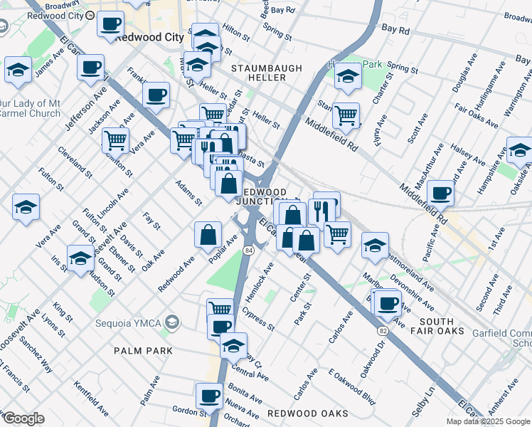 map of restaurants, bars, coffee shops, grocery stores, and more near 2194 El Camino Real in Redwood City