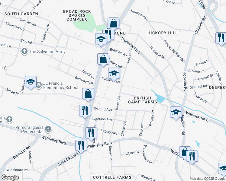 map of restaurants, bars, coffee shops, grocery stores, and more near 4615 Ferguson Lane in Richmond