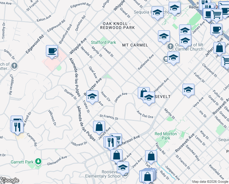 map of restaurants, bars, coffee shops, grocery stores, and more near 2 Inner Circle in Redwood City
