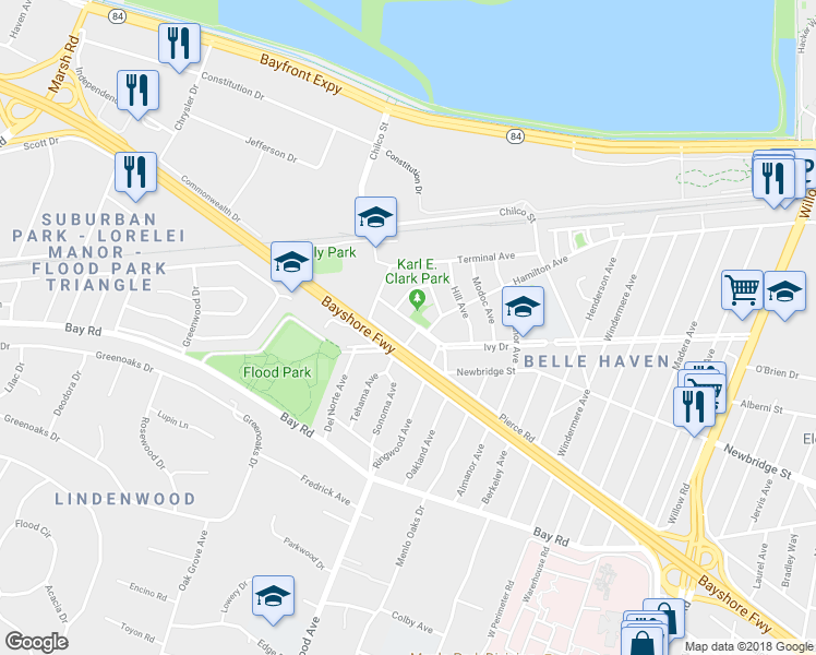 map of restaurants, bars, coffee shops, grocery stores, and more near 401 Pierce Road in Menlo Park
