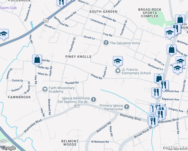 map of restaurants, bars, coffee shops, grocery stores, and more near 5325 Snead Road in Richmond