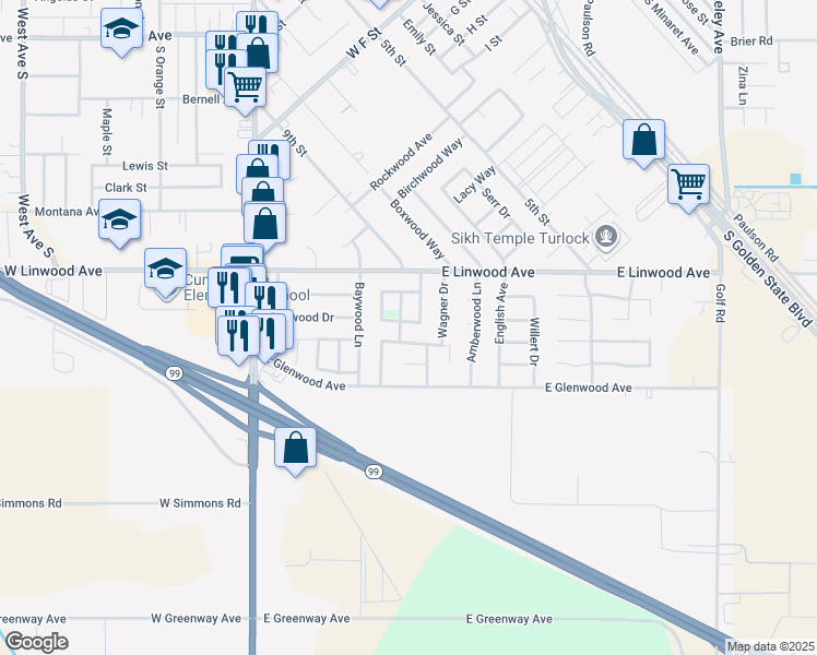 map of restaurants, bars, coffee shops, grocery stores, and more near 1710 Willow Lane in Turlock