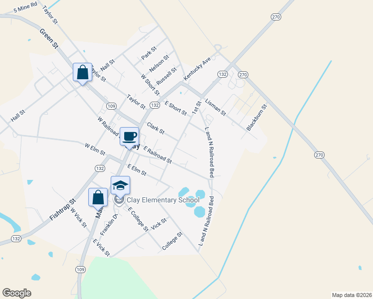 map of restaurants, bars, coffee shops, grocery stores, and more near 103-237 1st Street in Clay