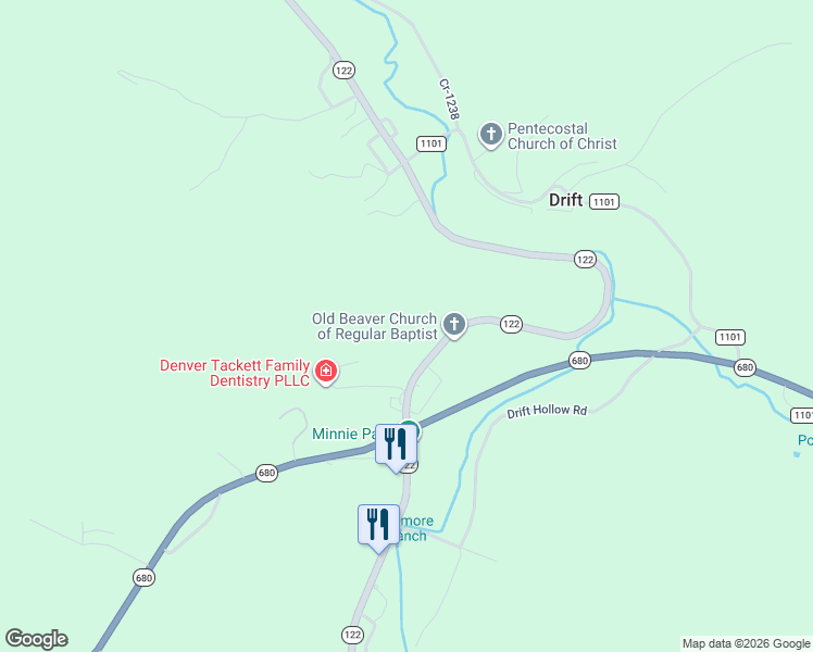 map of restaurants, bars, coffee shops, grocery stores, and more near 8277 Kentucky 122 in McDowell