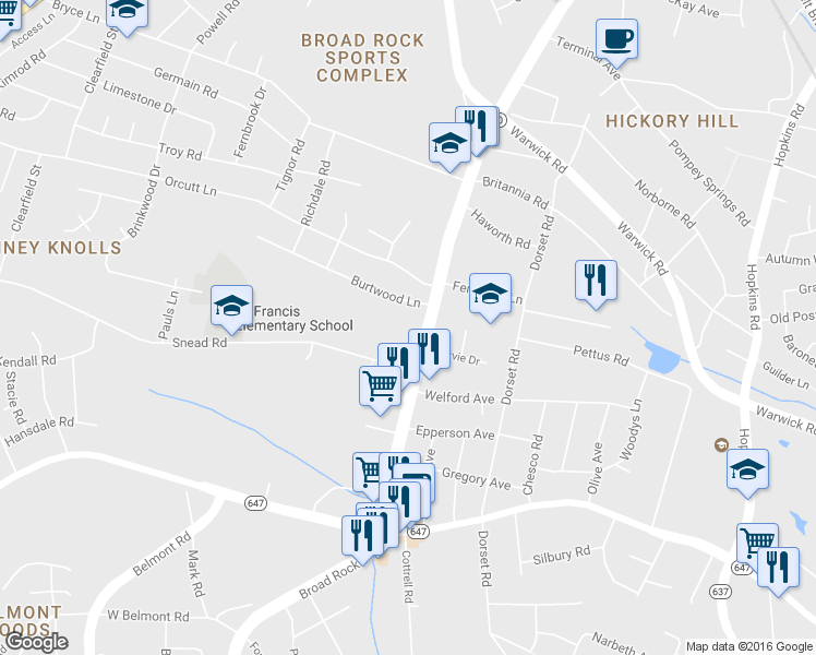 map of restaurants, bars, coffee shops, grocery stores, and more near 2936 Broad Rock Boulevard in Richmond