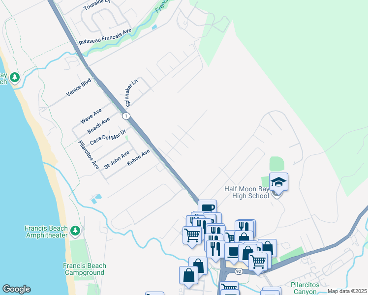 map of restaurants, bars, coffee shops, grocery stores, and more near 908 Bancroft Avenue in Half Moon Bay