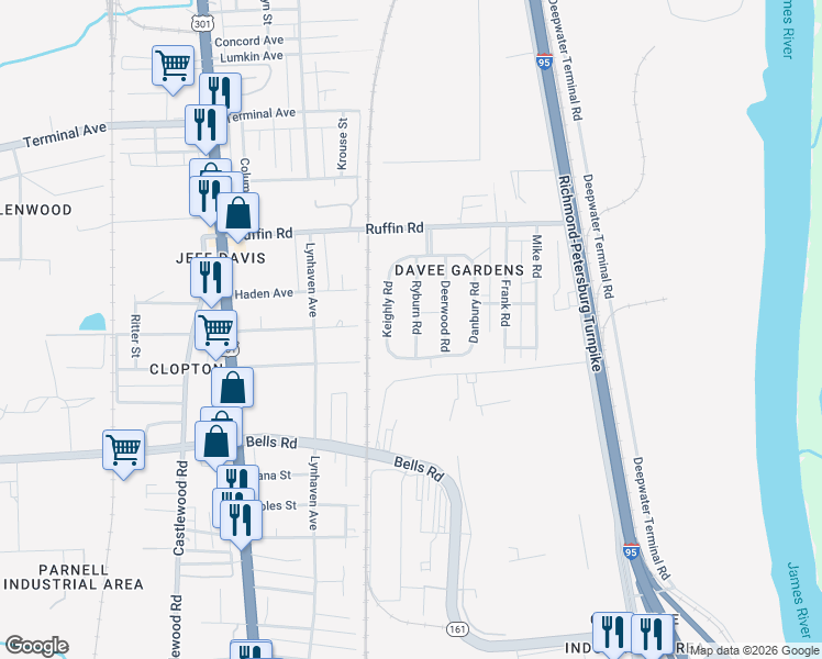 map of restaurants, bars, coffee shops, grocery stores, and more near 3432 Keighly Road in Richmond