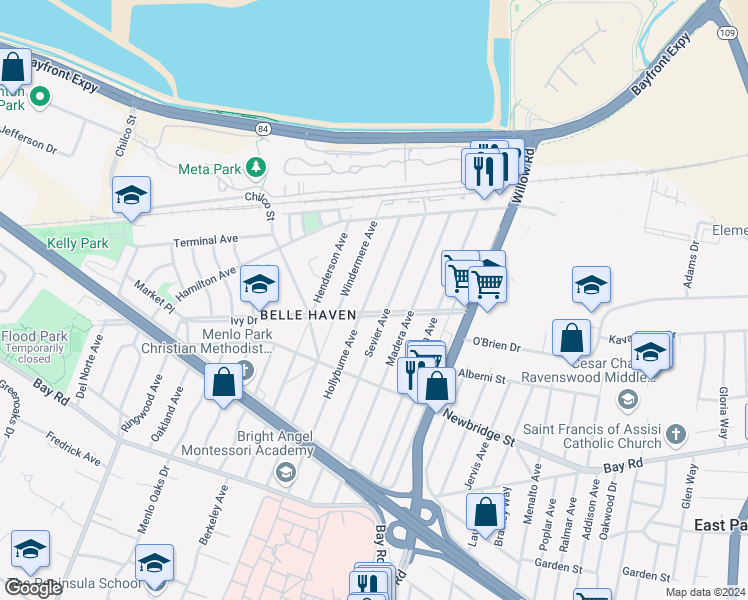 map of restaurants, bars, coffee shops, grocery stores, and more near 1304 Hollyburne Avenue in Menlo Park