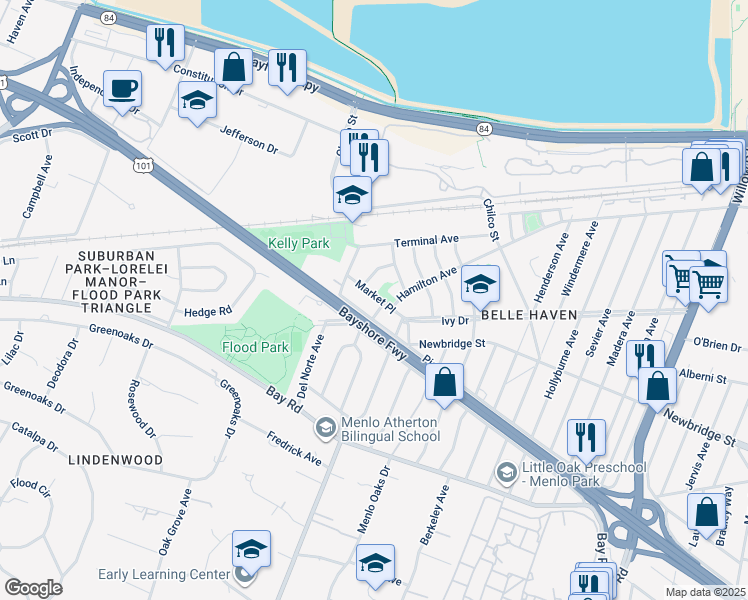 map of restaurants, bars, coffee shops, grocery stores, and more near 312 Market Place in Menlo Park