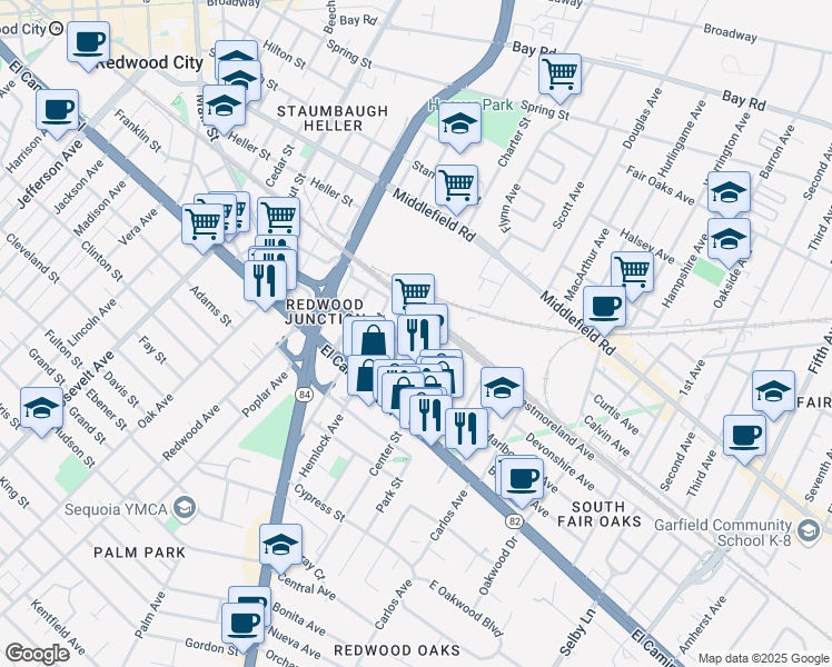 map of restaurants, bars, coffee shops, grocery stores, and more near 95 Charter Street in Redwood City