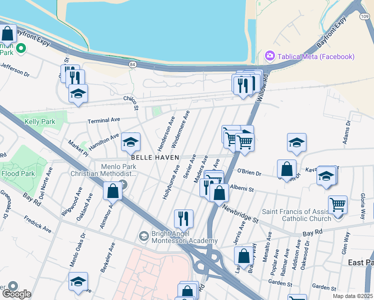 map of restaurants, bars, coffee shops, grocery stores, and more near 1304 Hollyburne Avenue in Menlo Park