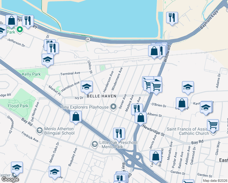 map of restaurants, bars, coffee shops, grocery stores, and more near 1238 Windermere Avenue in Menlo Park