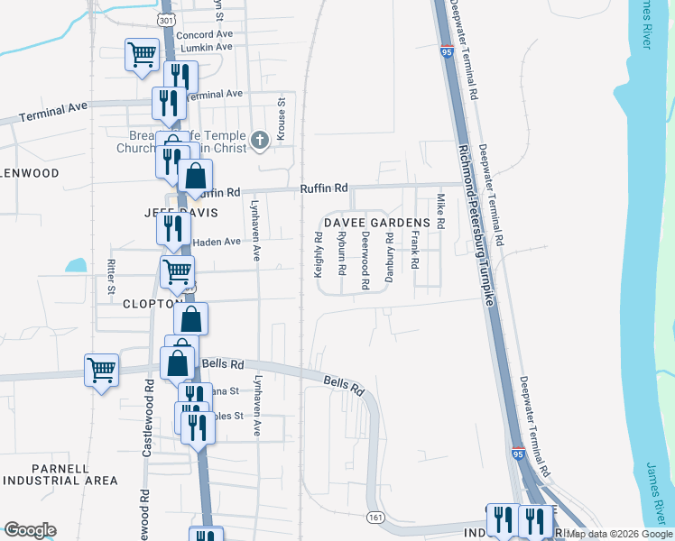 map of restaurants, bars, coffee shops, grocery stores, and more near 3432 Keighly Road in Richmond