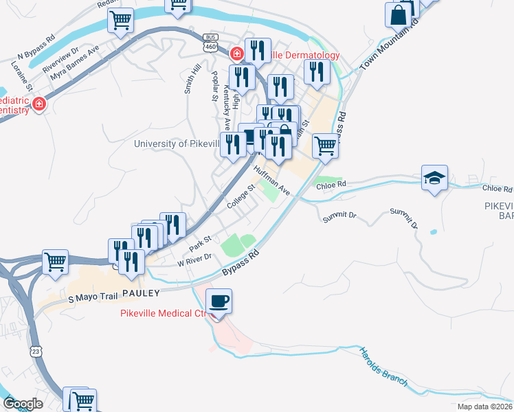 map of restaurants, bars, coffee shops, grocery stores, and more near 142 Bank Street in Pikeville
