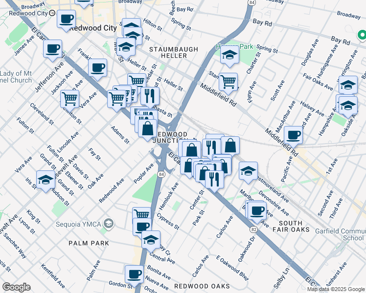 map of restaurants, bars, coffee shops, grocery stores, and more near 37 Willow Street in Redwood City